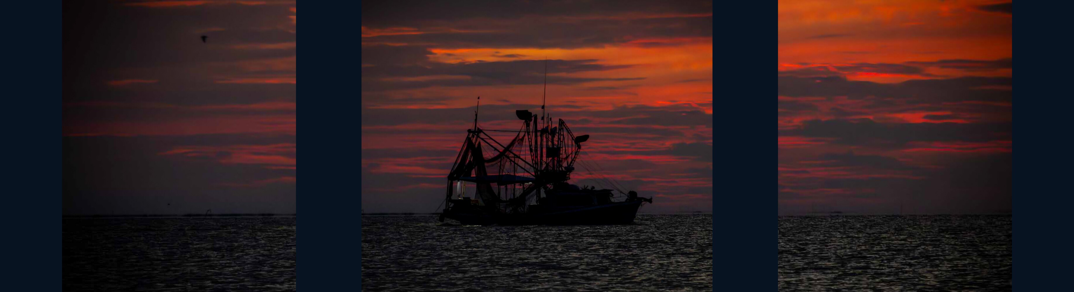 A working shrimp boat held entirely within the center panel as the Louisiana sunset moves across the full installation
